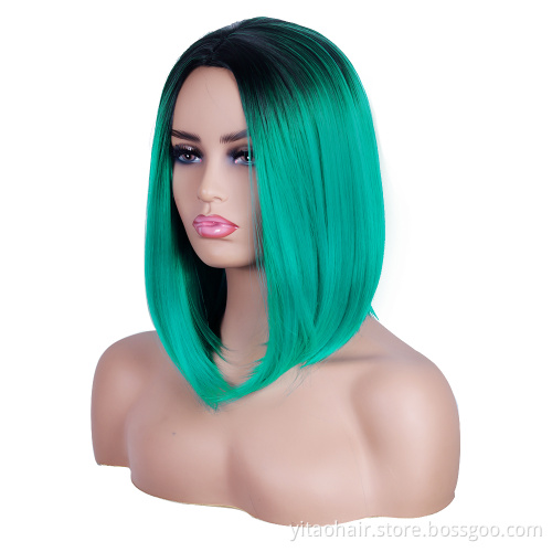 Wholesale cheap anime party gradient black to Teal Blue bob short straight synthetic shoulder-length hair cosplay wig